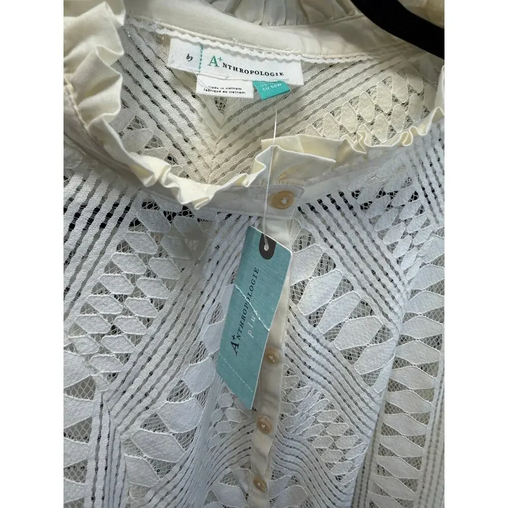 Anthropologie Lace Button Down Blouse Women's 16W Romantic Festival Cream